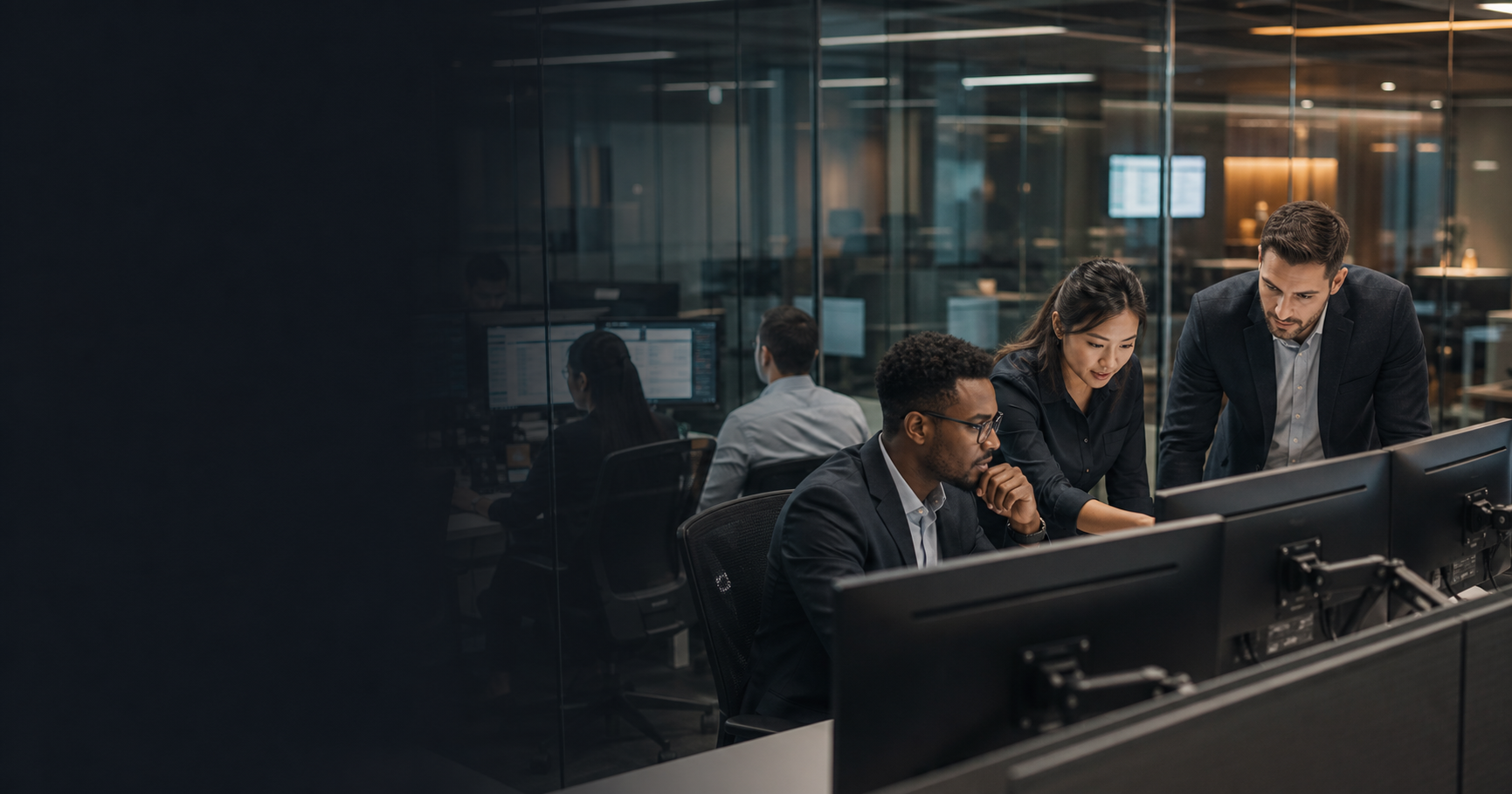 Finance and operations professionals collaborating in a secure managed office environment